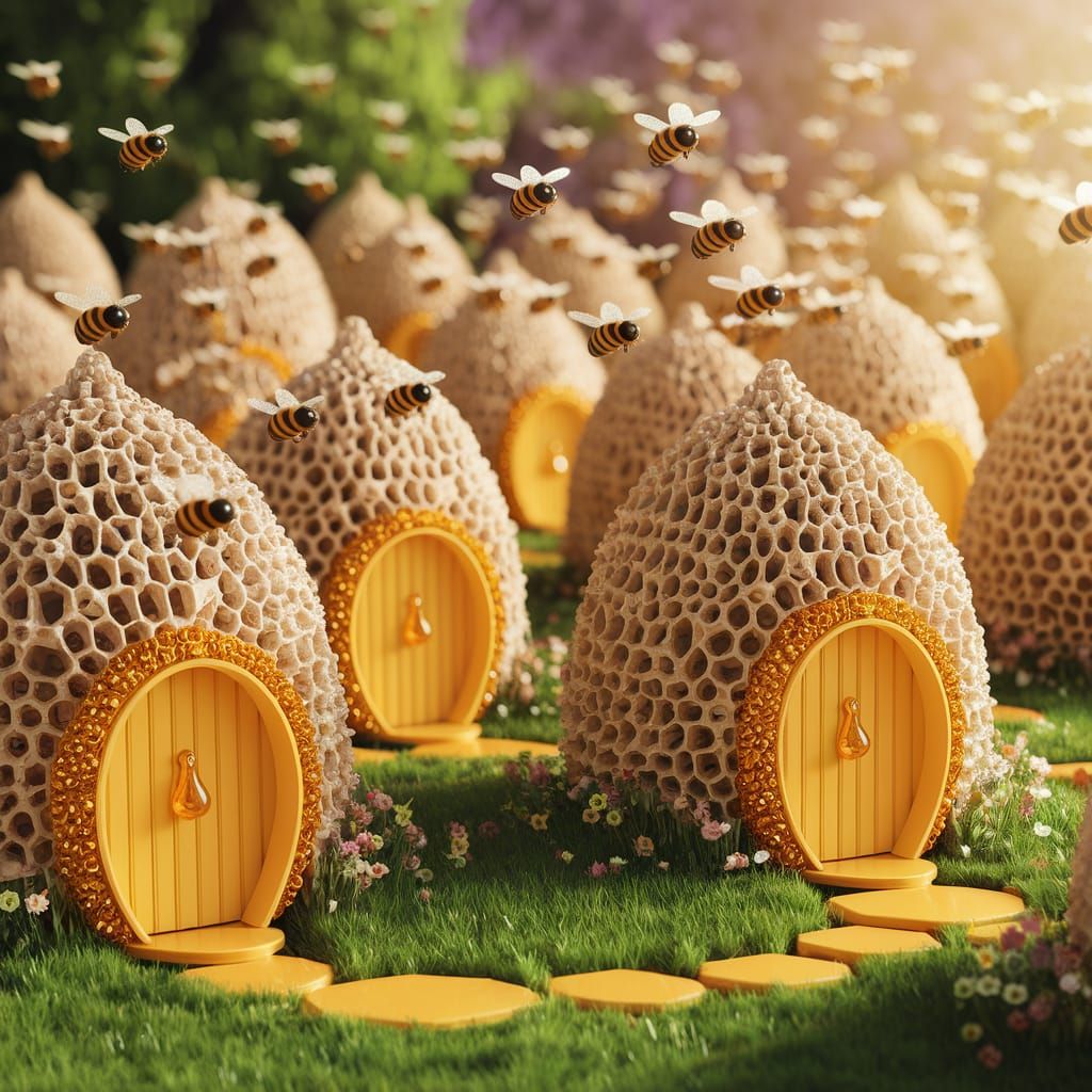 Whimsical Bees in a Vibrant Honeycomb City