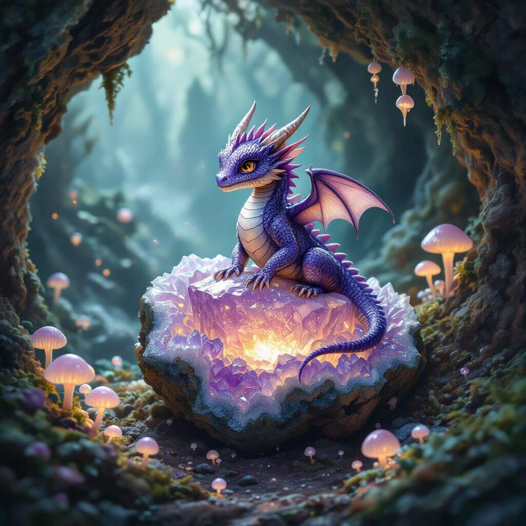 Amethyst Dragon on Geode in Bioluminescent Cavern