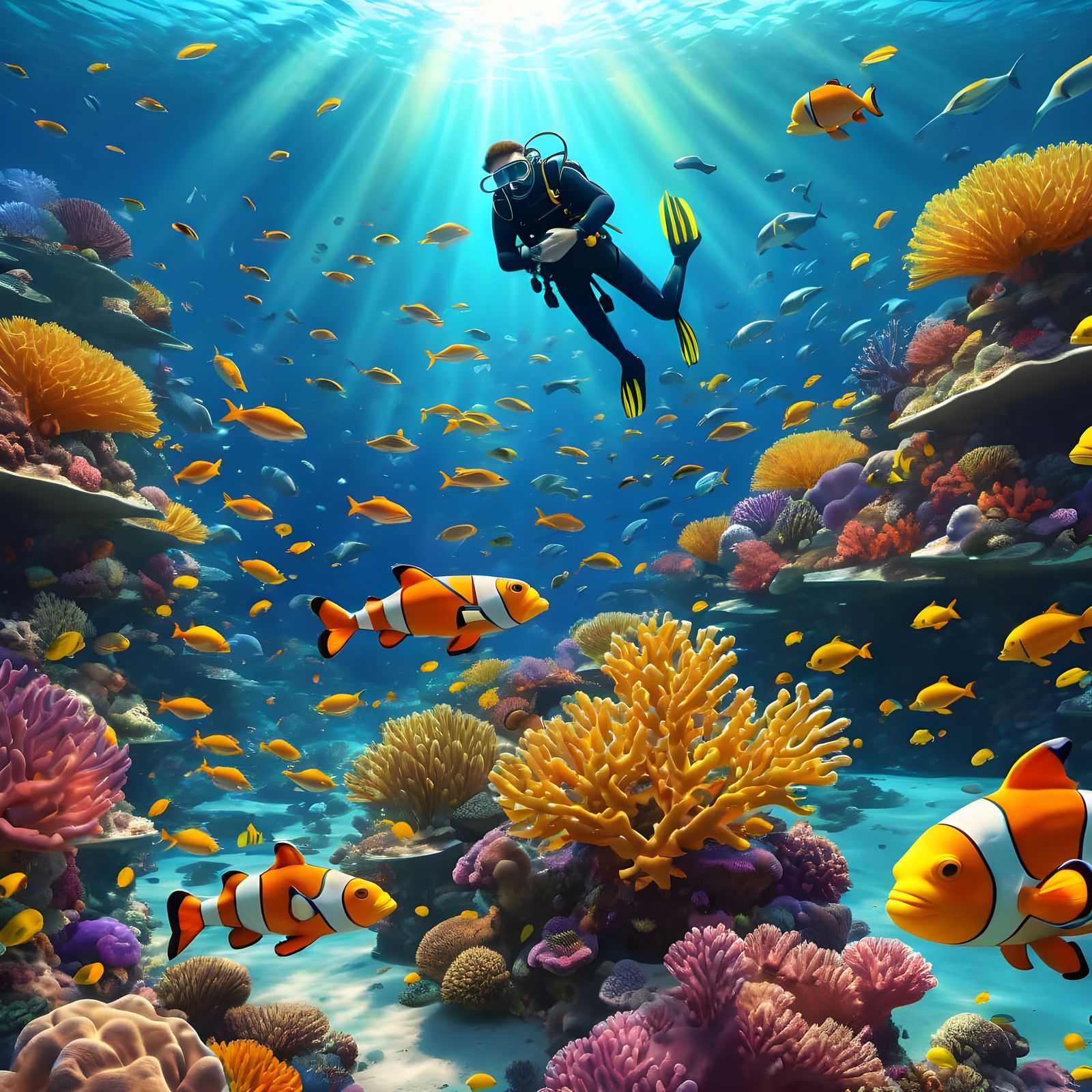 Vibrant Underwater Coral Reef Scene with Diver