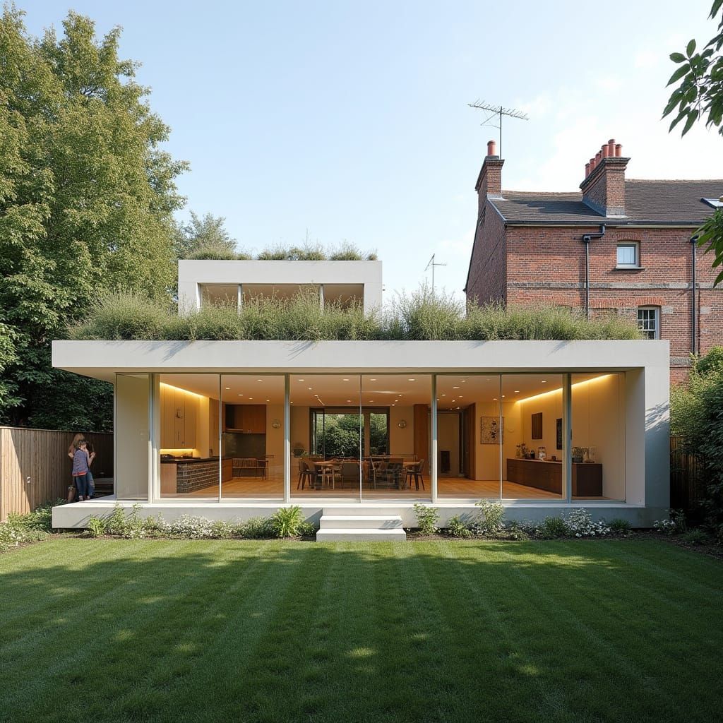 Minimalist House Extension with Waved Glass & Green Roof