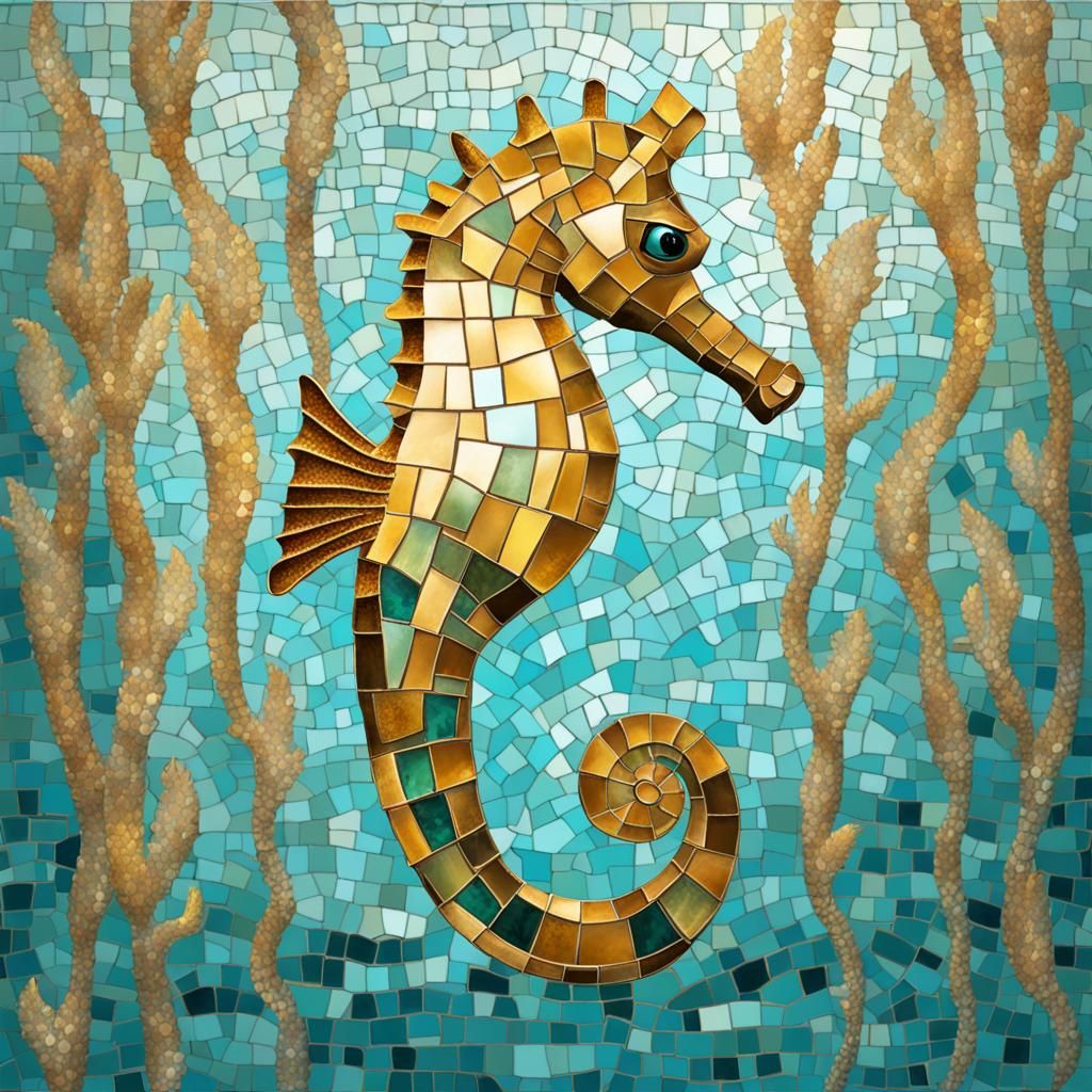 Golden Seahorse Underwater Mosaic Art