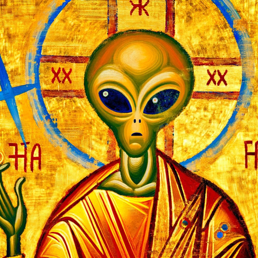Holy Alien in Orthodox Icon Style Tempera Painting