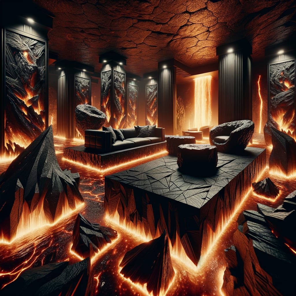 Supervillain Volcano Lair with Obsidian Furniture and Lava W...