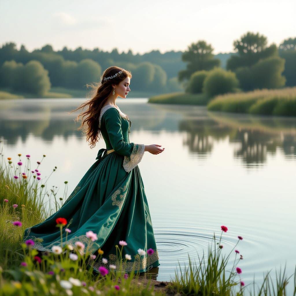 Medieval Woman in Emerald Dress by Lake