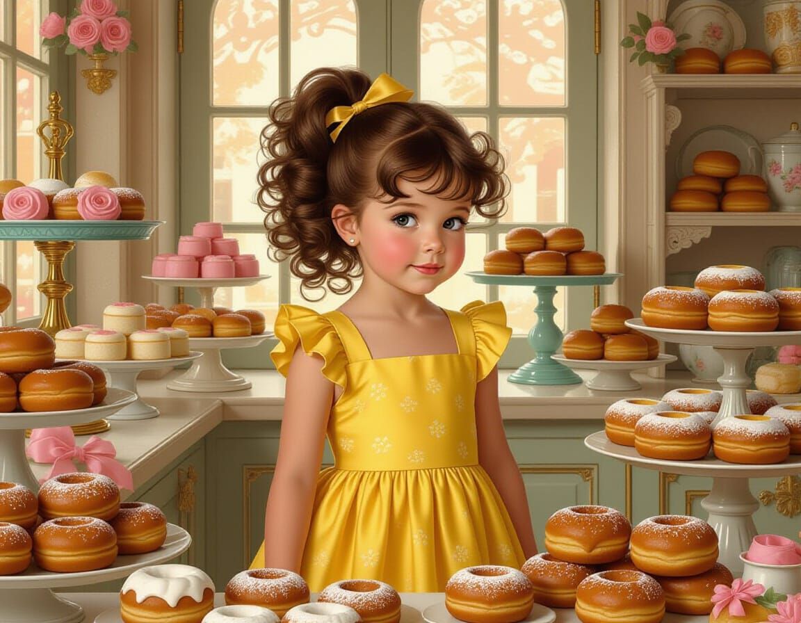 Girl in Ornate Bakery as Vintage Pin-Up Art