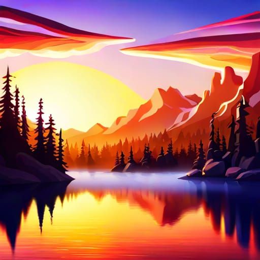 Colorful Sunset Landscape with Mountains and Lake