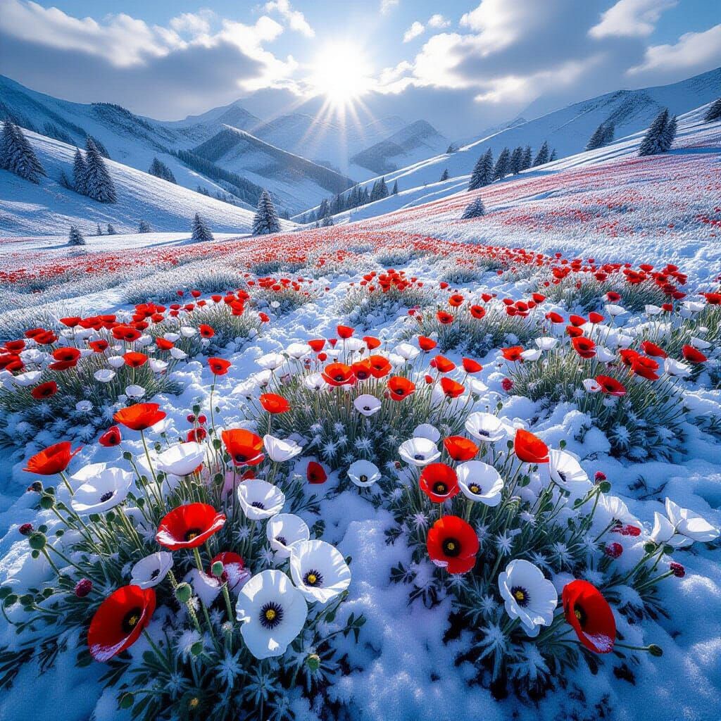 Overhead View of Snow-Kissed Poppy Mountain Field