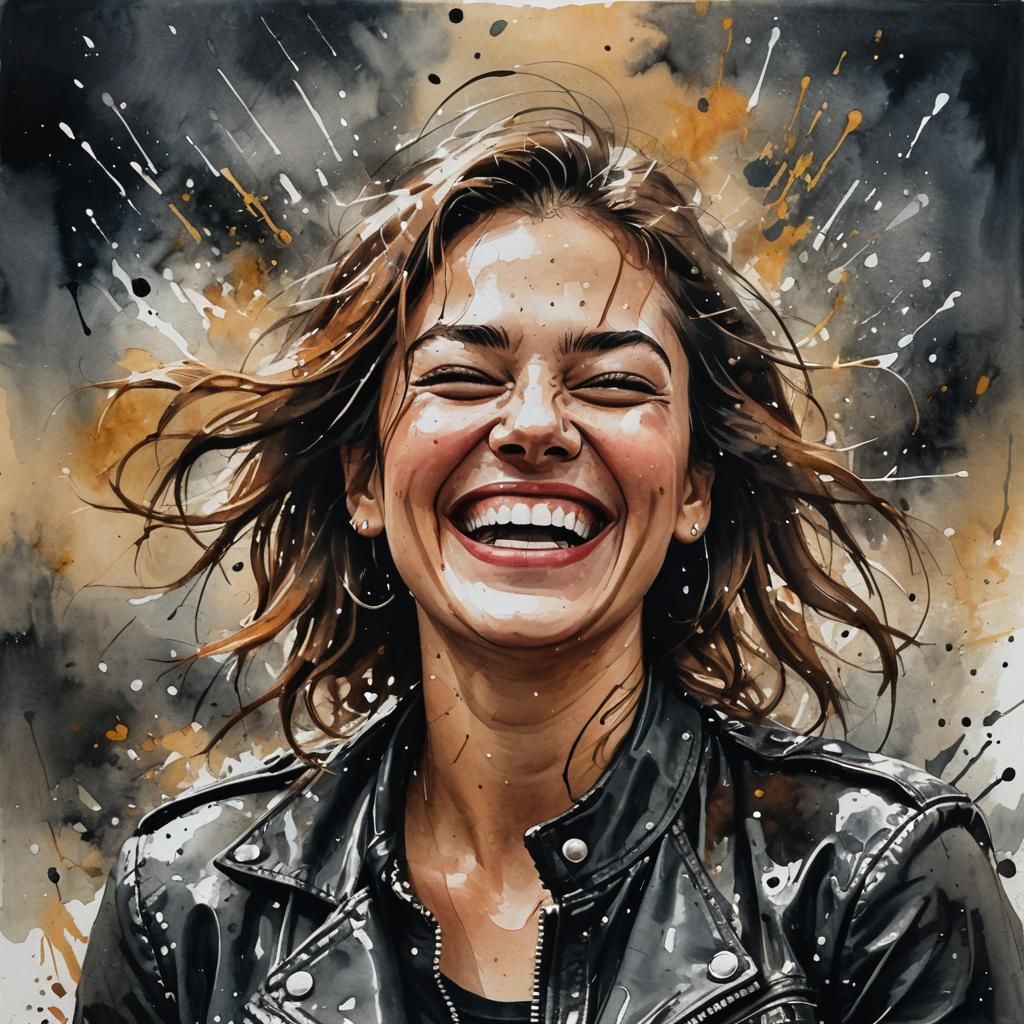 Laughing Girl Portrait in Mixed Media Style