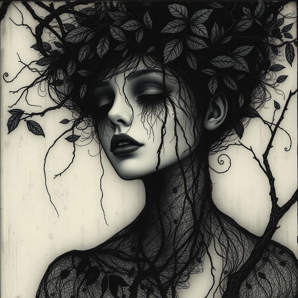 A double exposure portrait of a mysterious woman with forest skin, her features blending seamlessly with the intricate p...