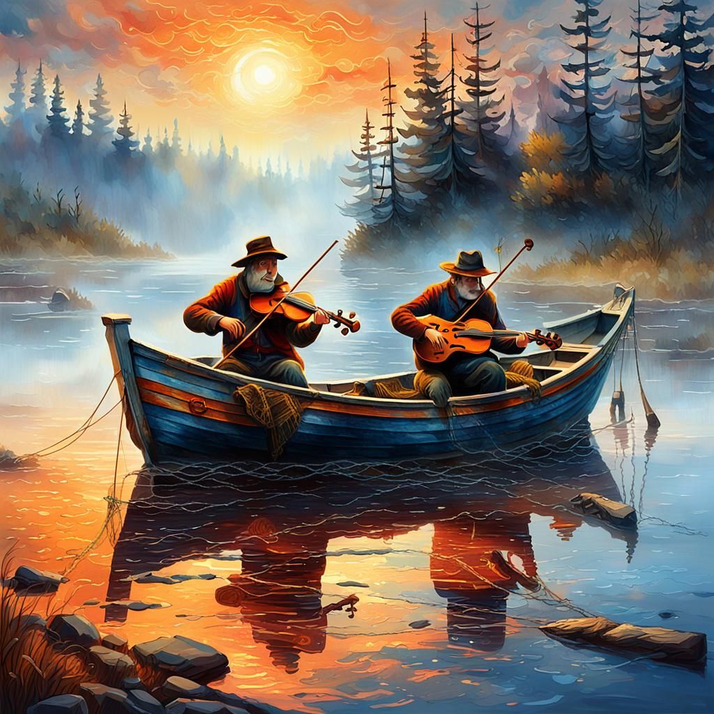 Acadian Fiddlers on Misty Waters: Fantasy Concept Art