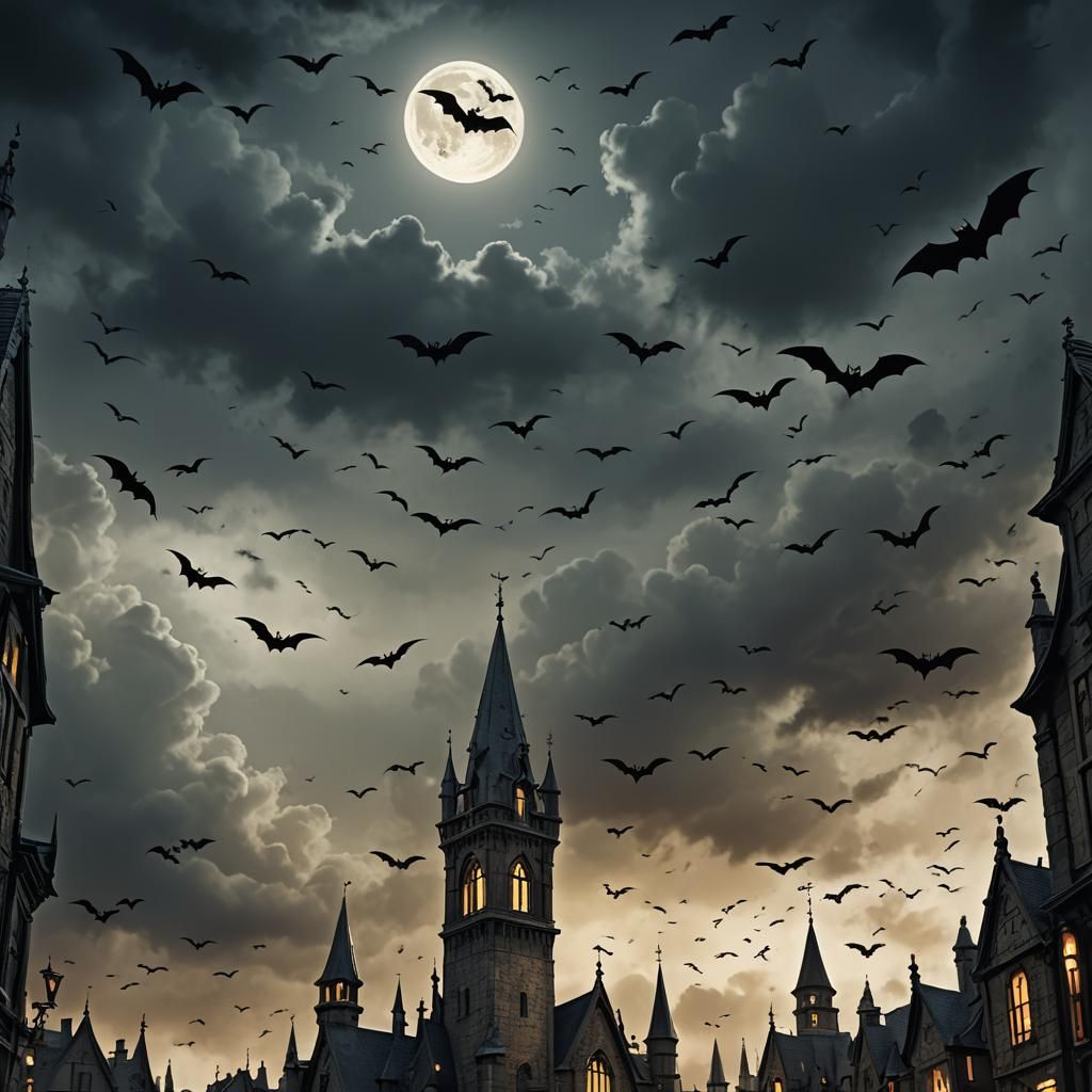 Eerie Gothic Townscape with Bats in the Night