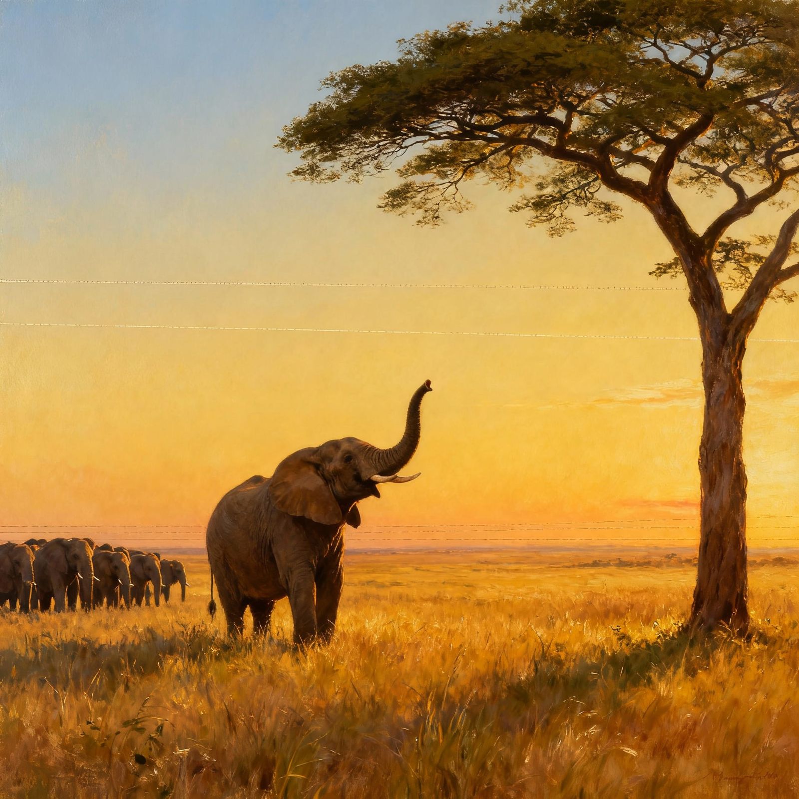 Lone Acacia Tree Overlooking Savanna with Elephants