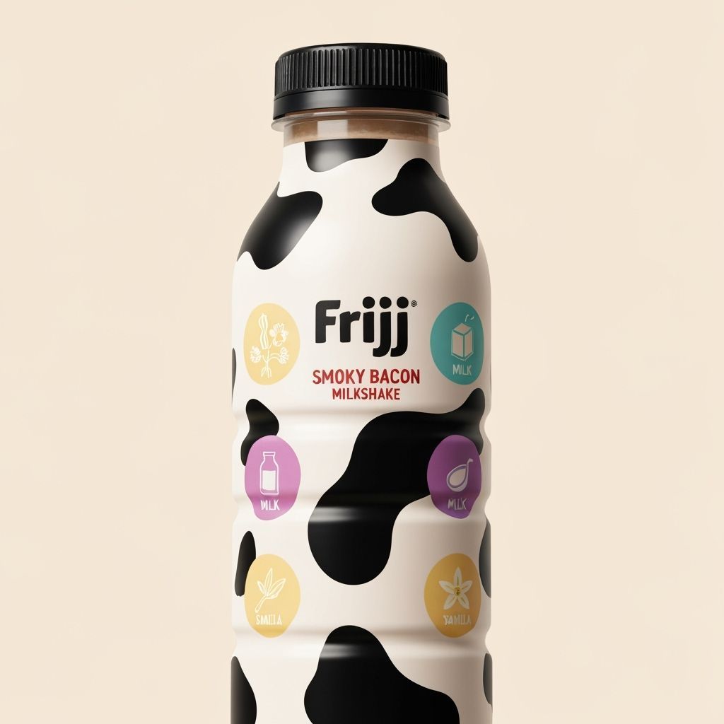 "Smoky Bacon" flavour Frijj milkshake plastic bottle, cowprint xrapper with ingredient icons,