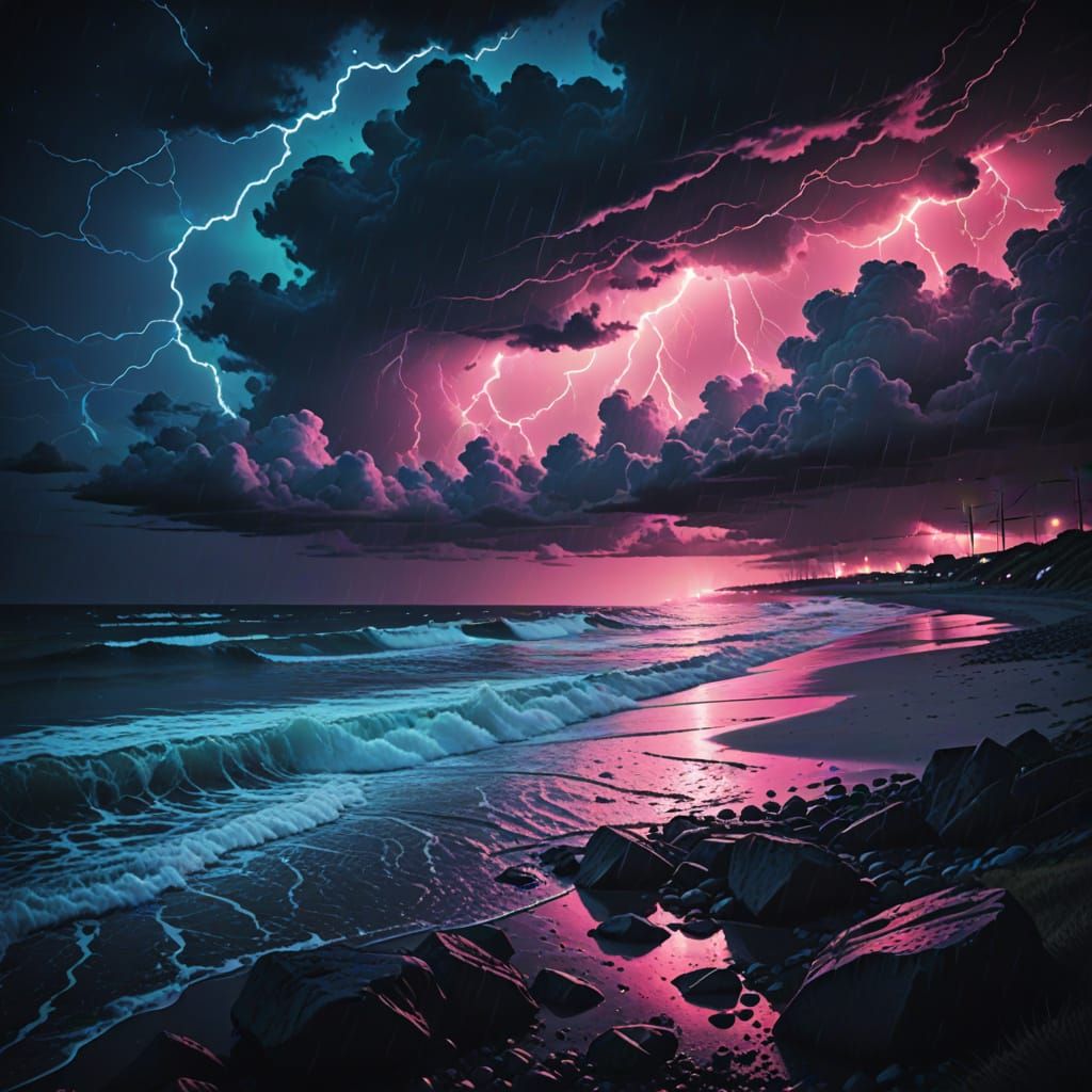 Jutland Coast Storm at Night in Synthwave Style