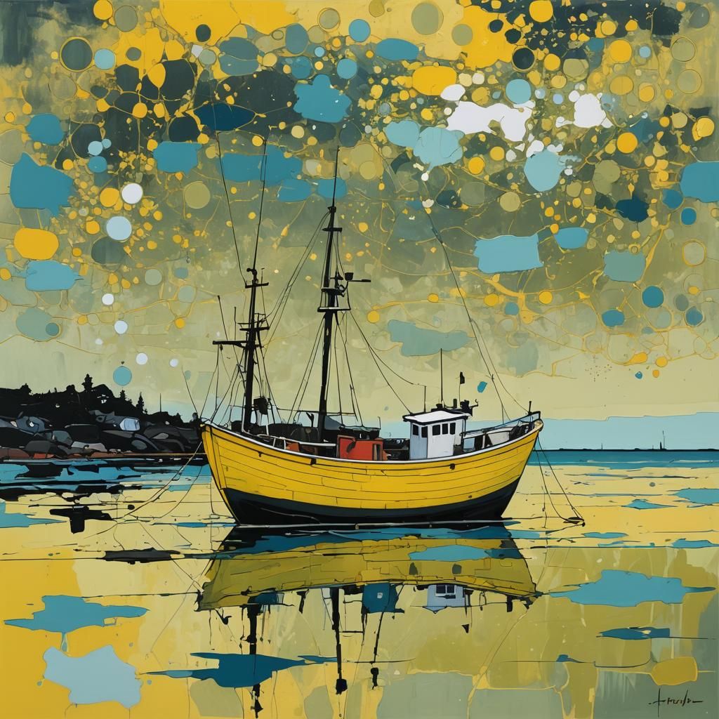 Abstract Yellow Fishing Boat Art