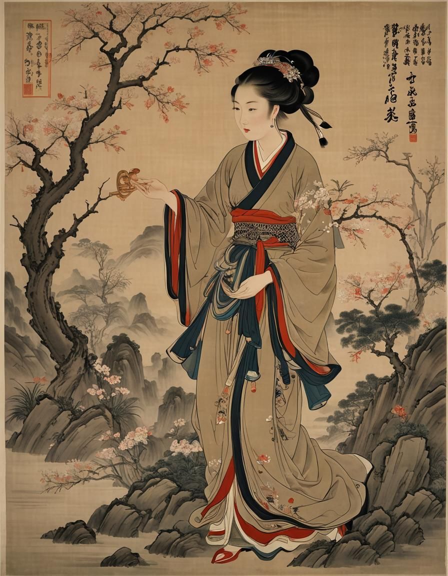 Elegant Woman in Traditional Chinese Painting Style