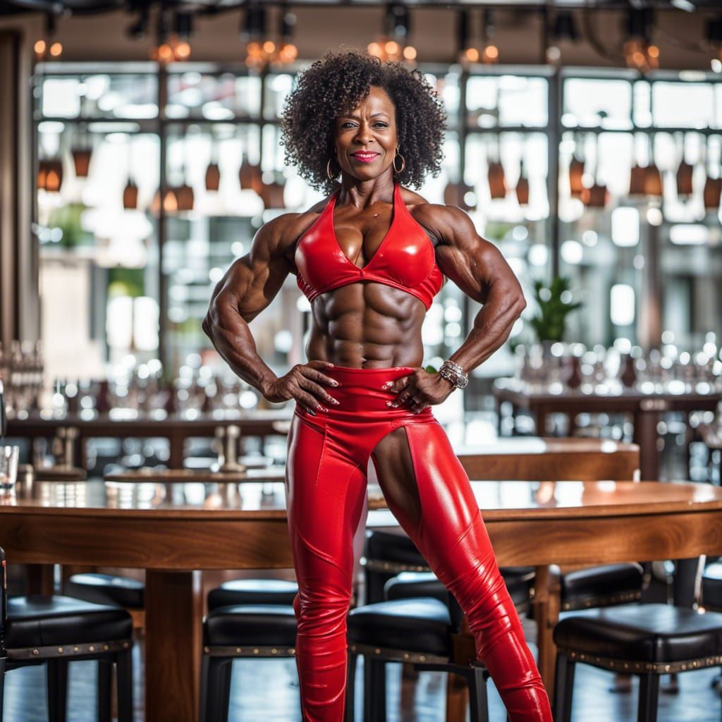 Muscular Woman Bodybuilder in Red Dress, Professional Photo