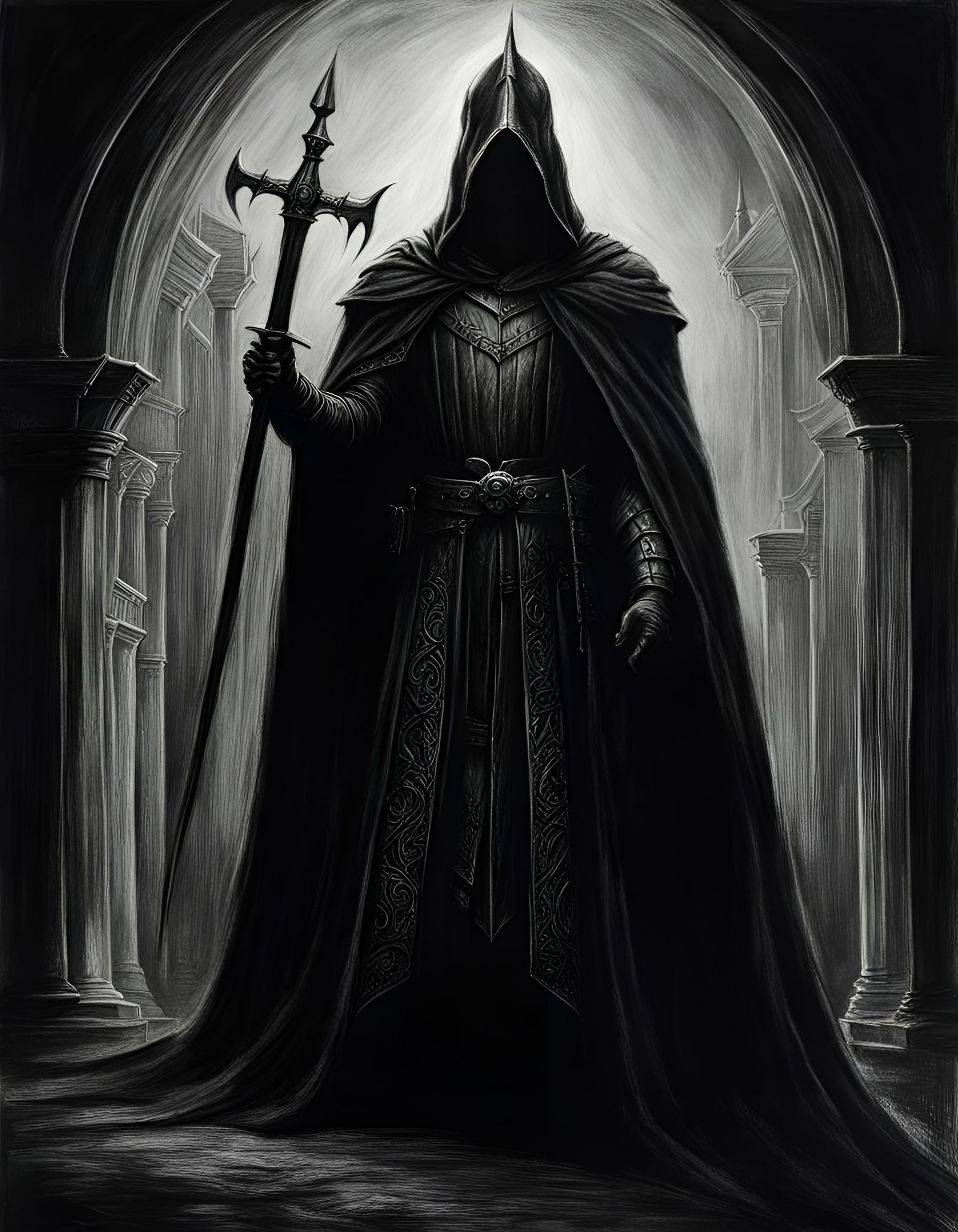 Nazgul in Dark Room: Detailed Charcoal Drawing