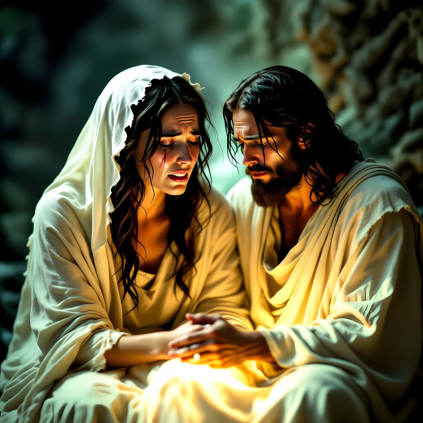 Woman Comforted by Spectral Figure: Cinematic Still