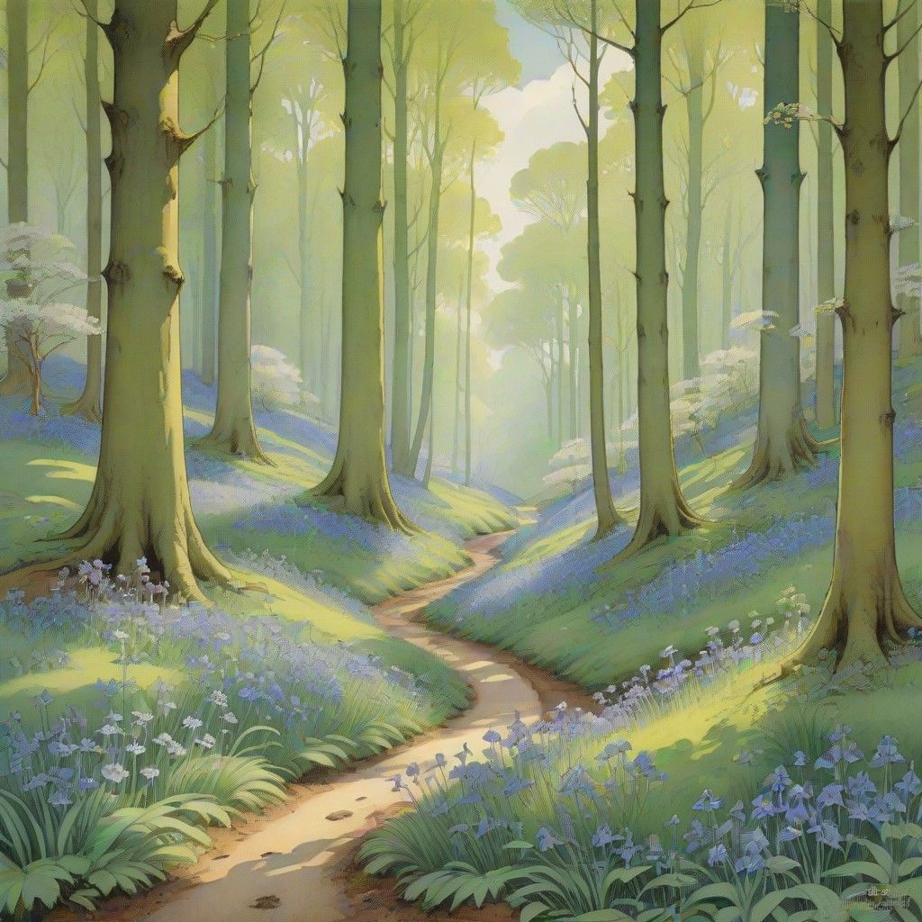 Spring Forest in Whimsical Guache Watercolor Style