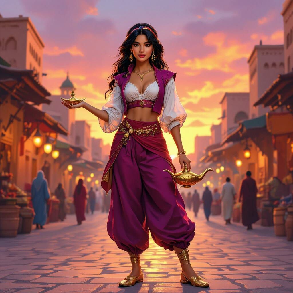 Woman as Aladdin in Moroccan Market at Sunset