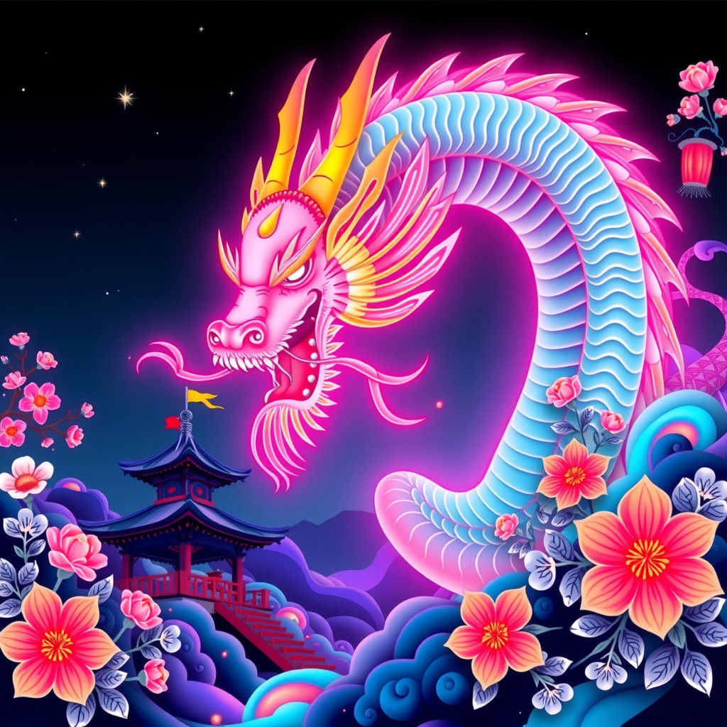 The Blooming Neon Dragon of Starlit Skies