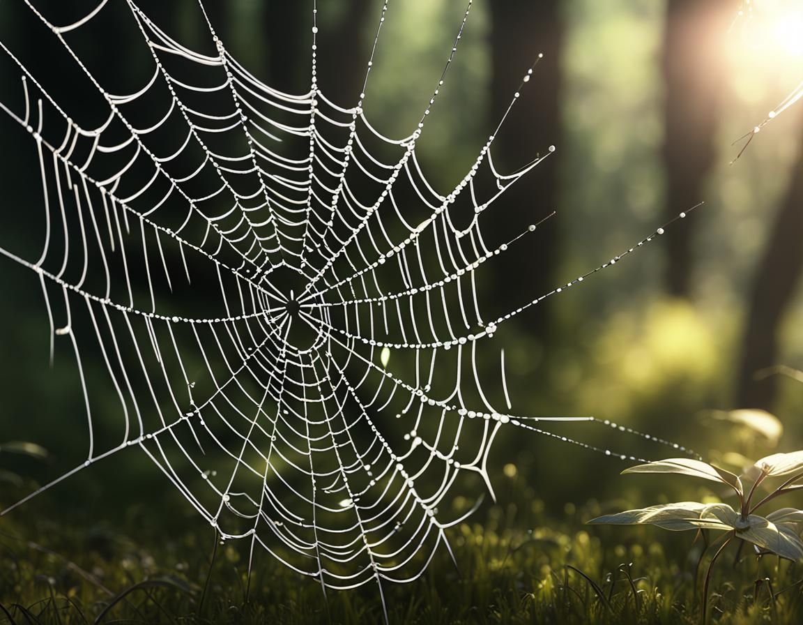 Dew-Kissed Spiderweb in Forest: 3D Rendered