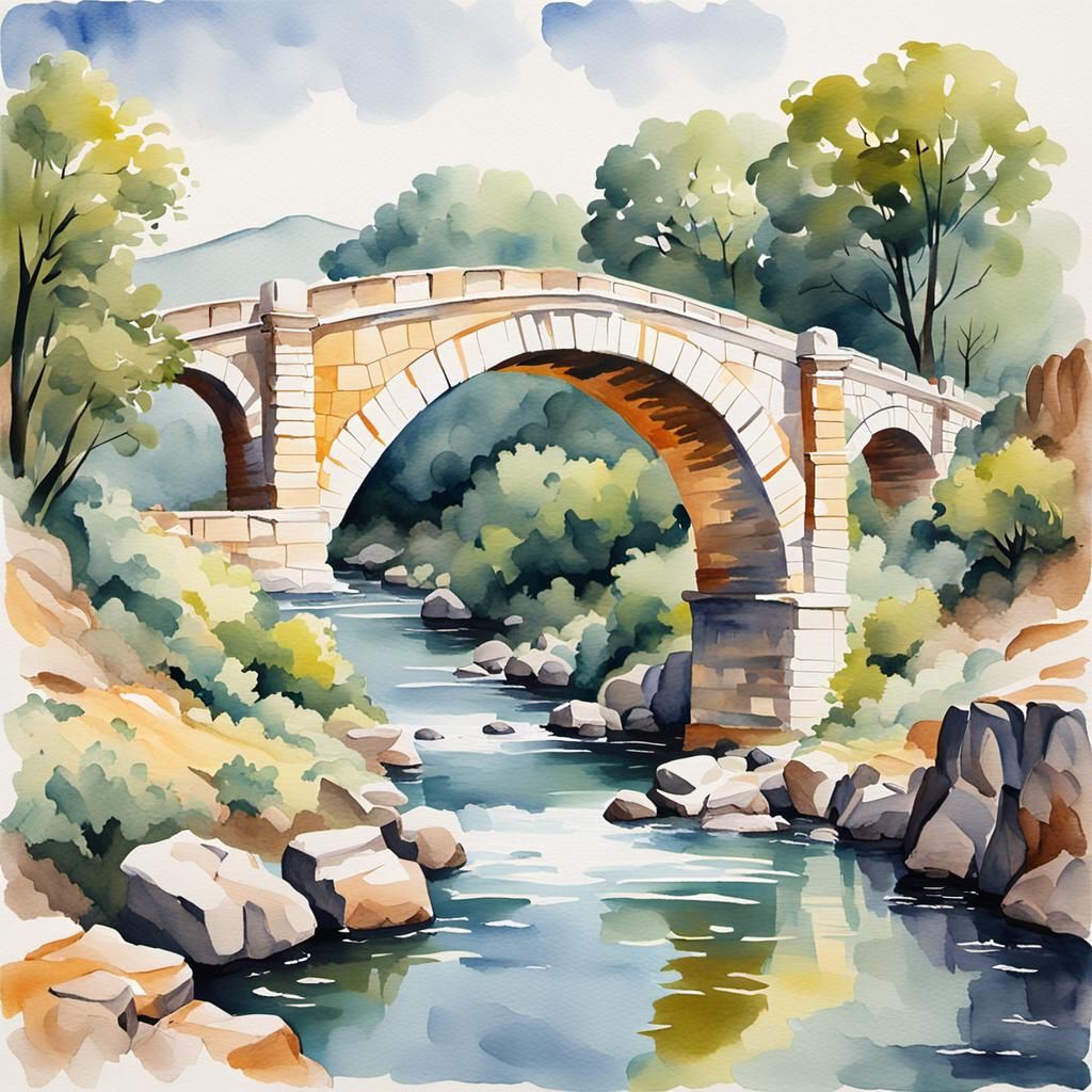 Arcuate Roman Bridge: Watercolor Gouache Impressionist Paint...