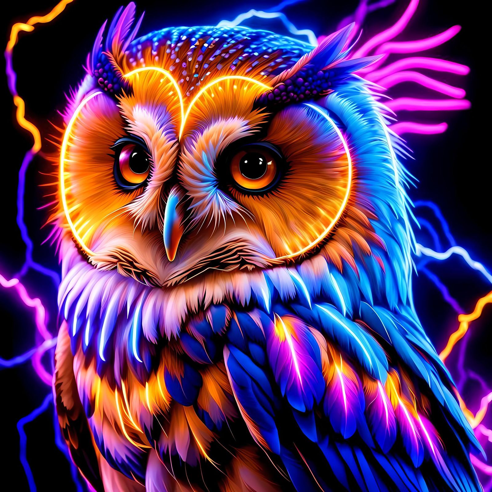 Neon Owl Portrait with Lightning Dreadlocks