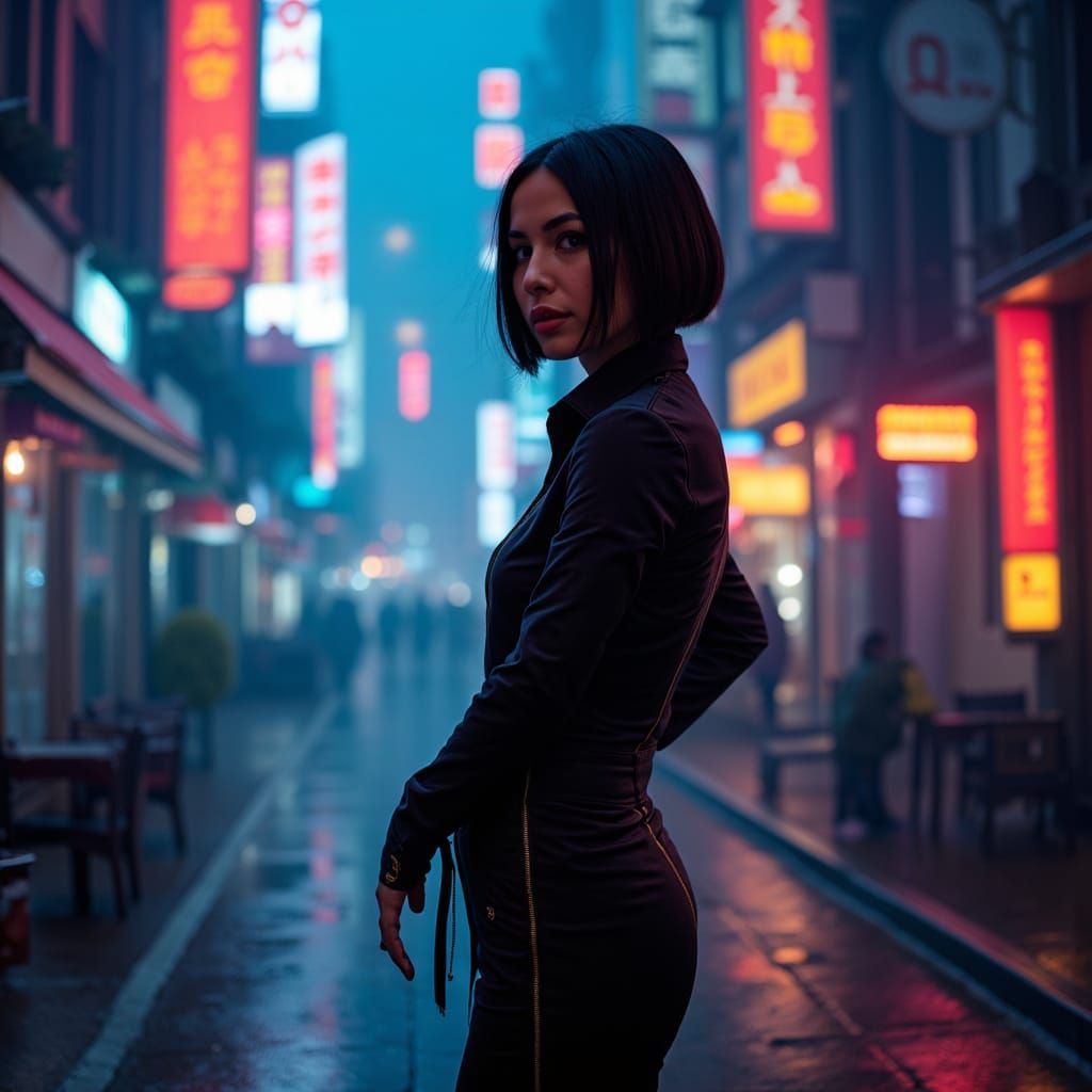 Cyberpunk Woman in Dystopian Cityscape