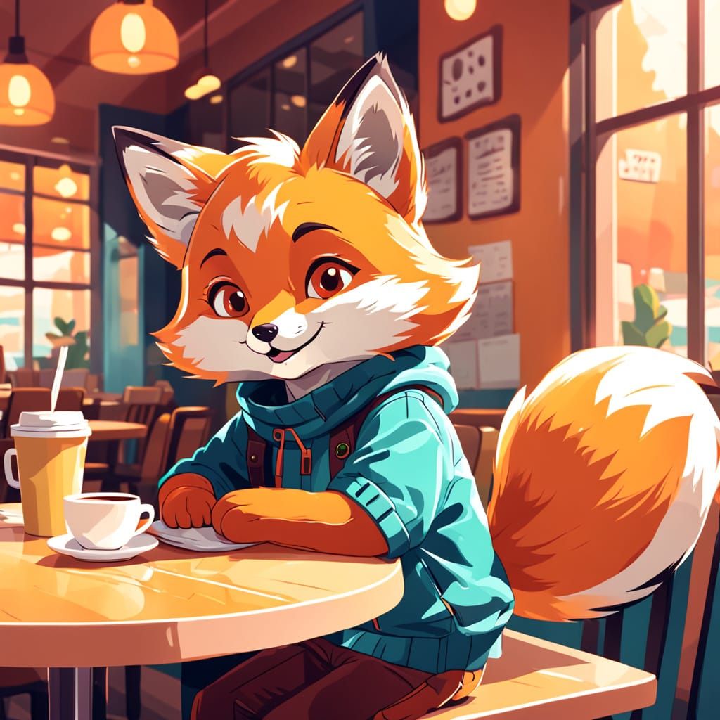 Cute Fox Cafe Mascot in Whimsical Digital Art
