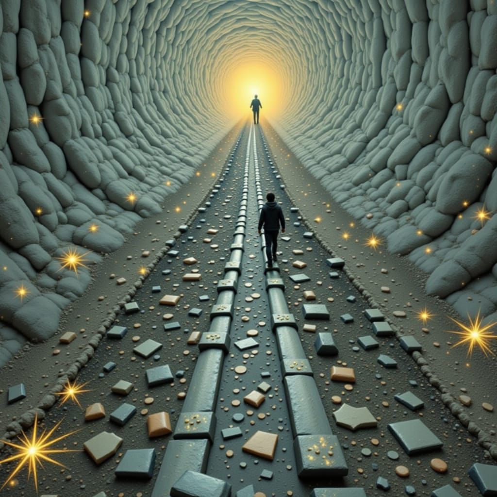 Figure Walks Towards Hopeful Light in Dark Tunnel