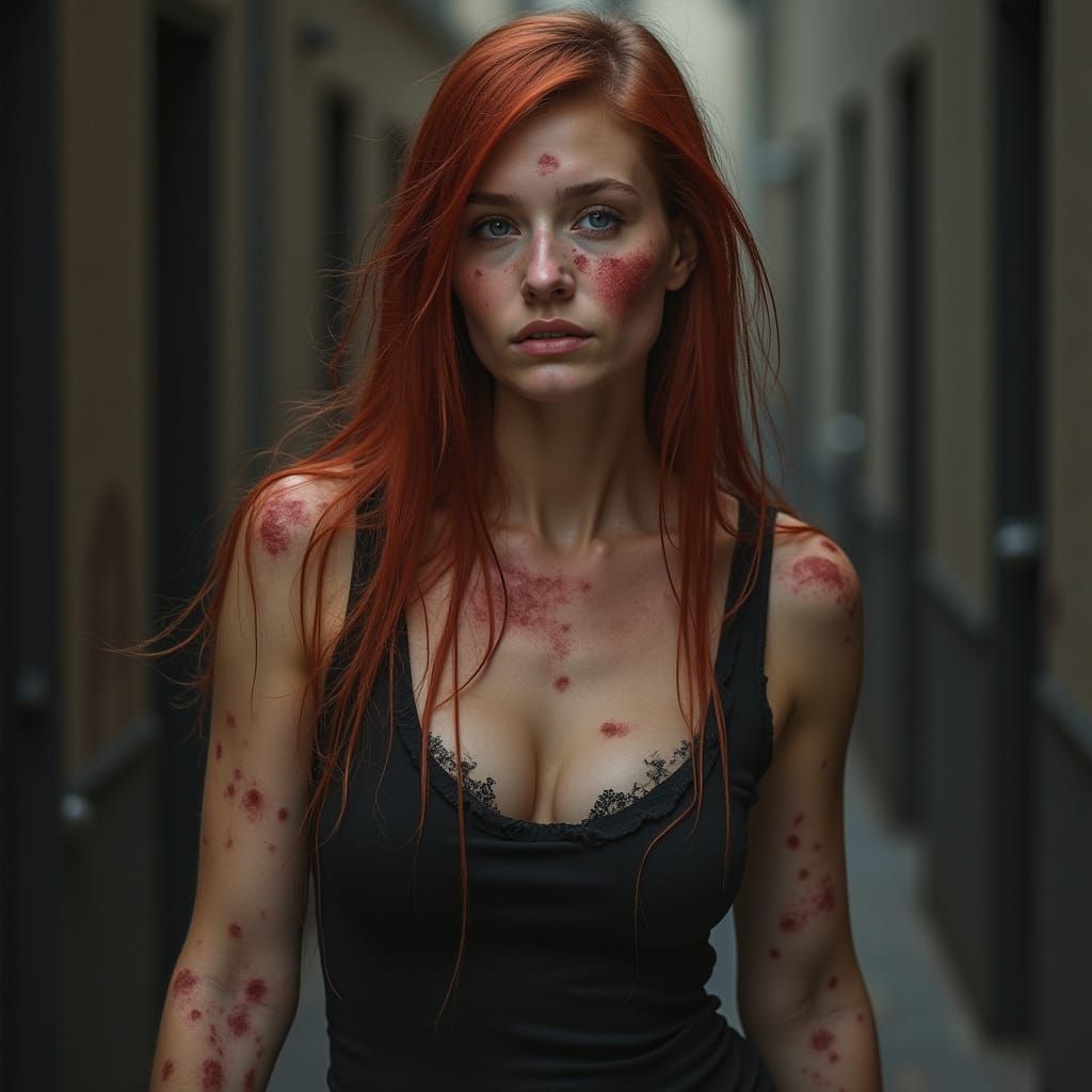 Mourning Woman Walks Through Dark Alleys with Visible Scars