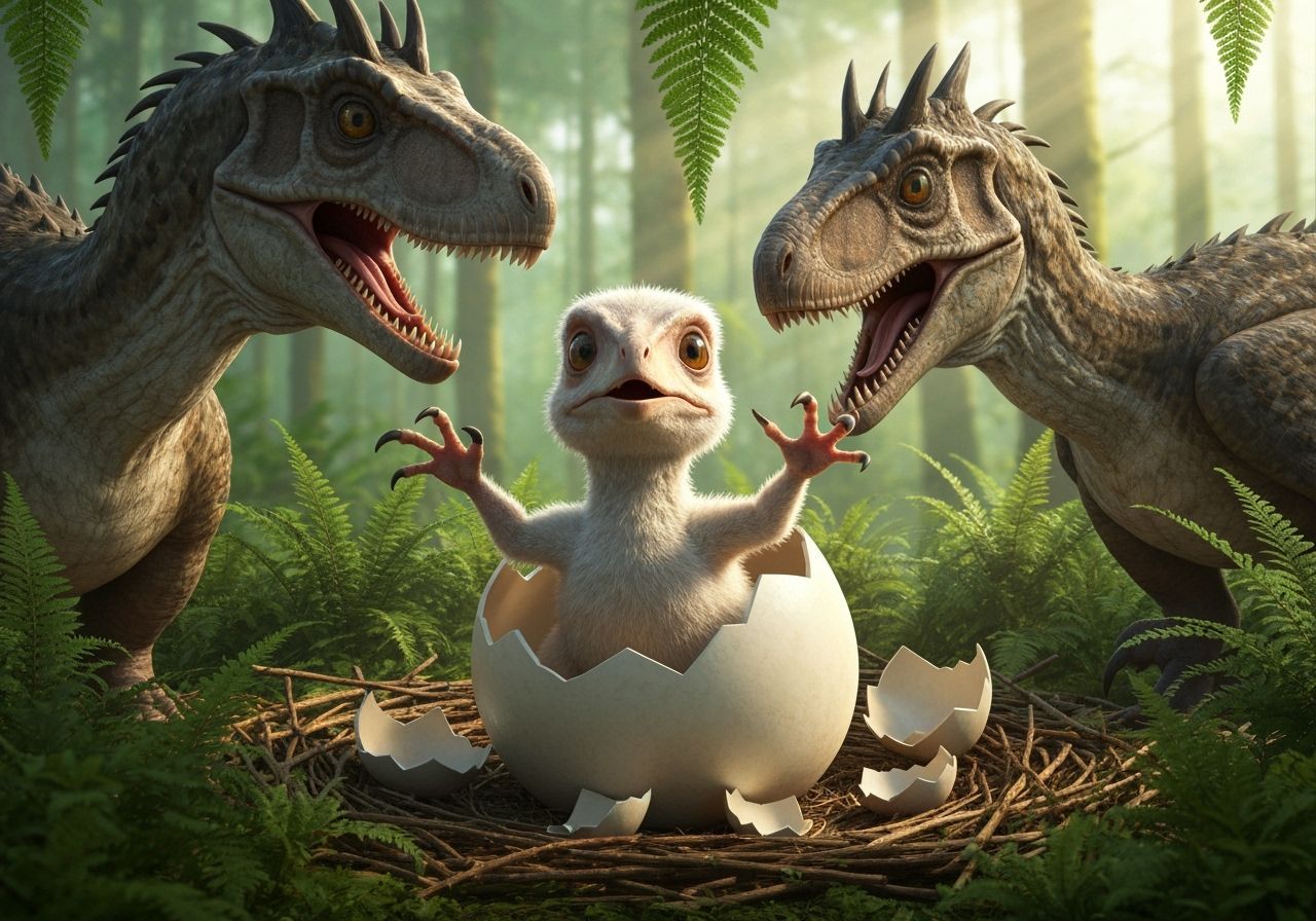 Deinonychus Chick Hatching in Fern Forest