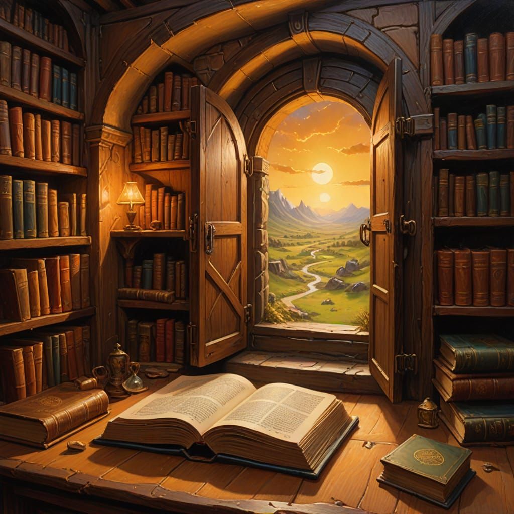 Whimsical Realism Oil Painting of a Book-Filled Bedroom Port...