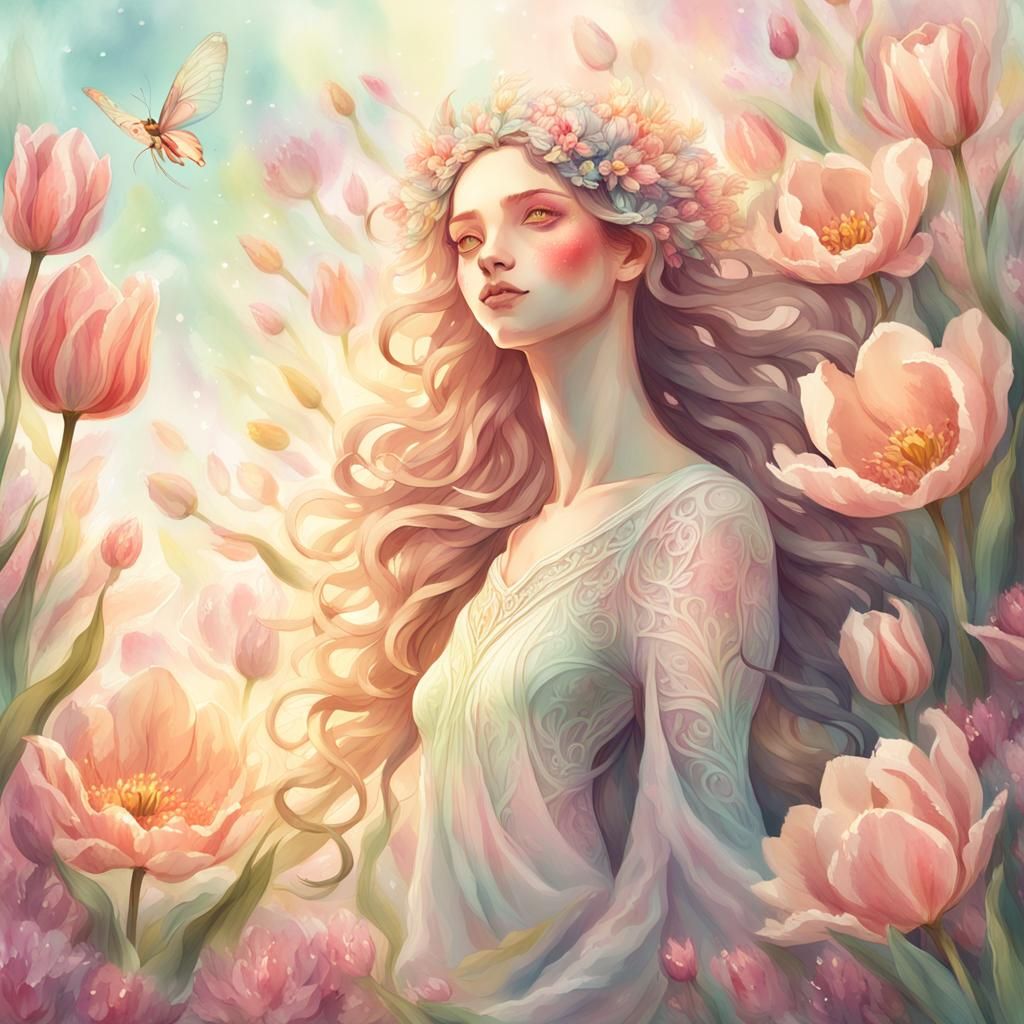 Tulip Dryad in Fantasy Garden: Watercolor Digital Art