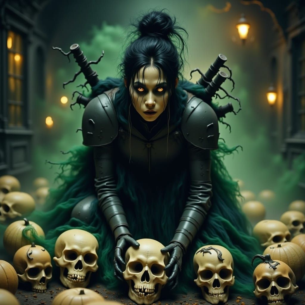 Japanese Chemist in Battle Armor Facing Skulls