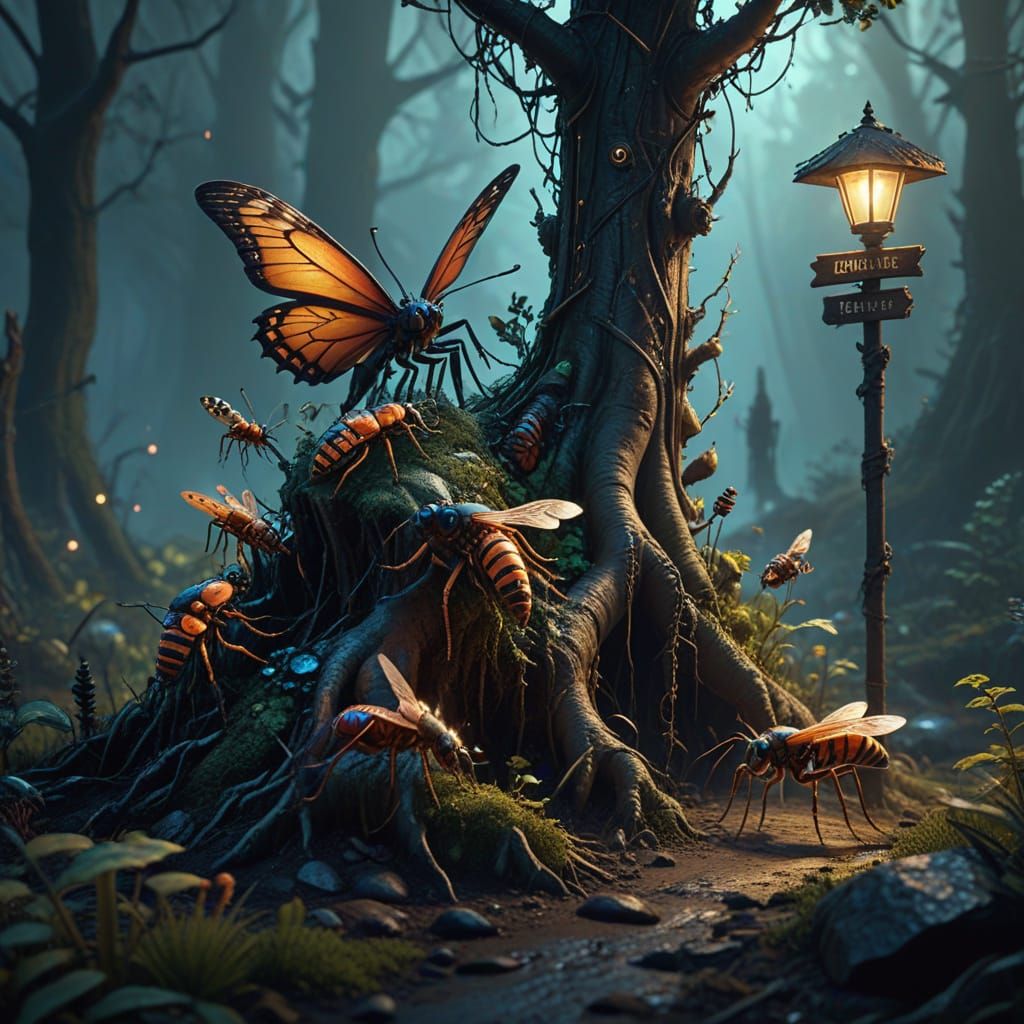 Fantasy Insects Gather at Eerie Signpost