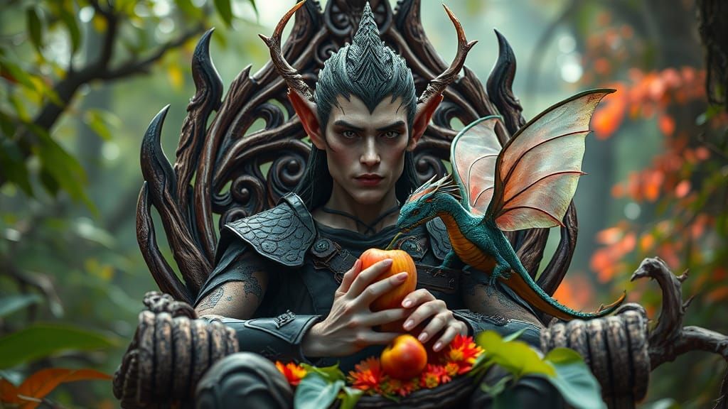 Elven Warrior and Fairy Dragon in Mystical Forest