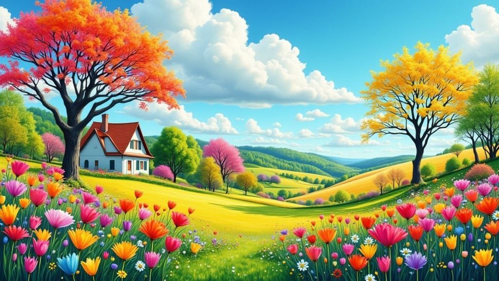 Vibrant Spring Garden in Comic Book Watercolor Style