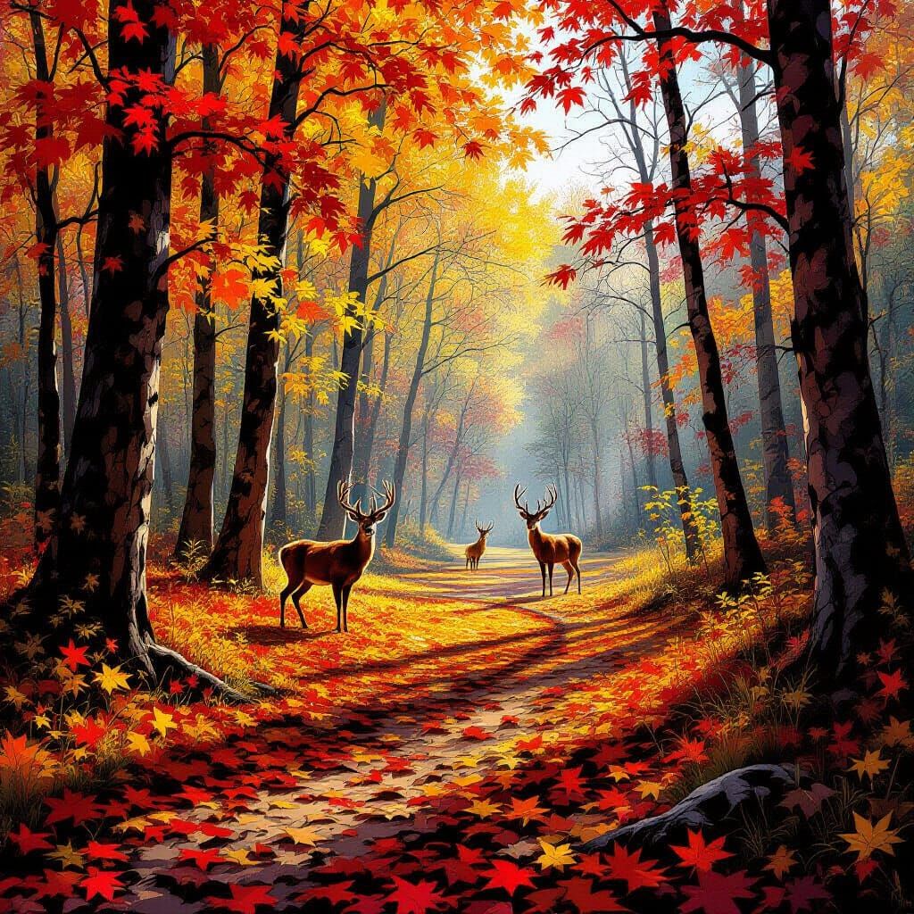 Vibrant Autumn Forest Scene With Distant Deer