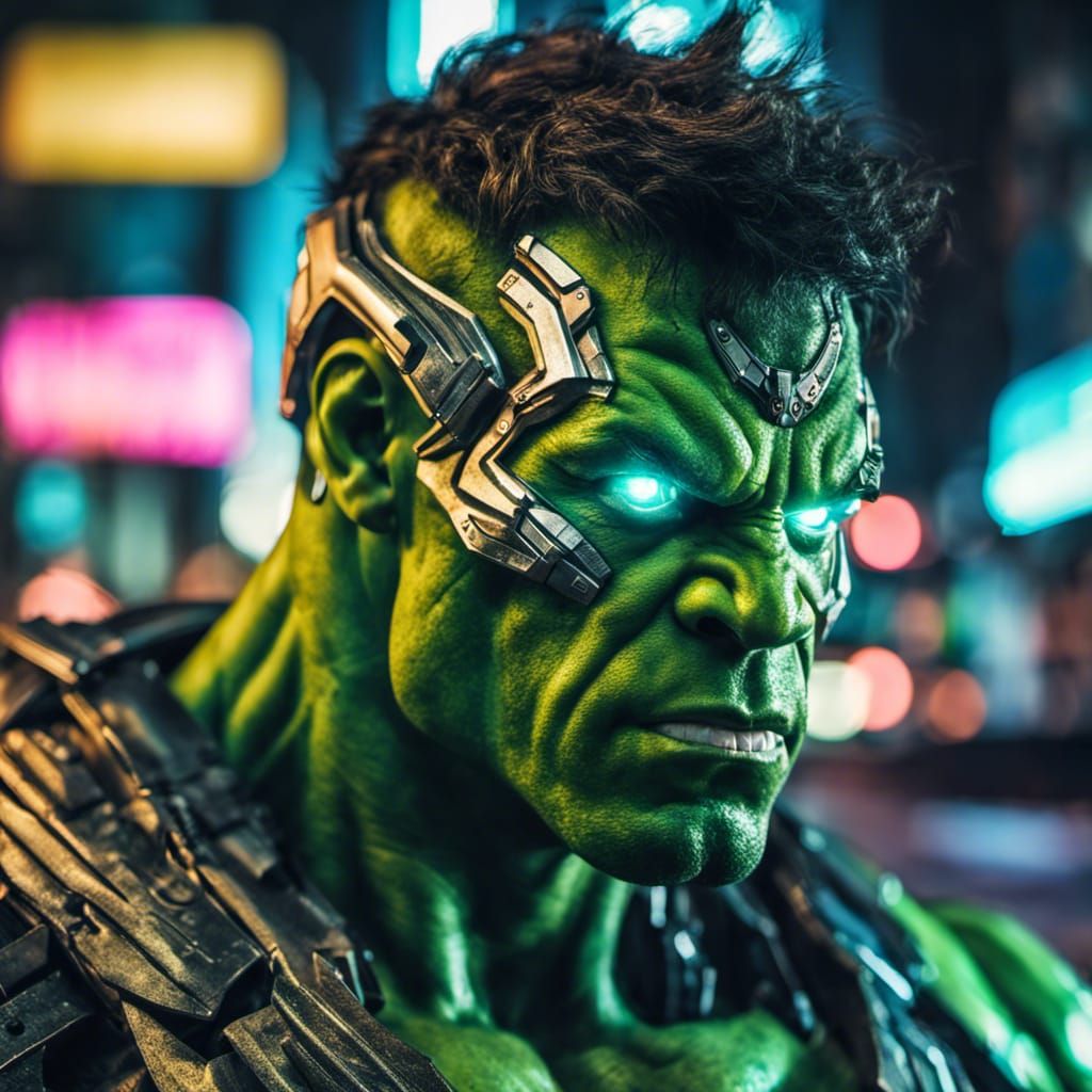 Hulk-like Man in Neon City with Futuristic Armor