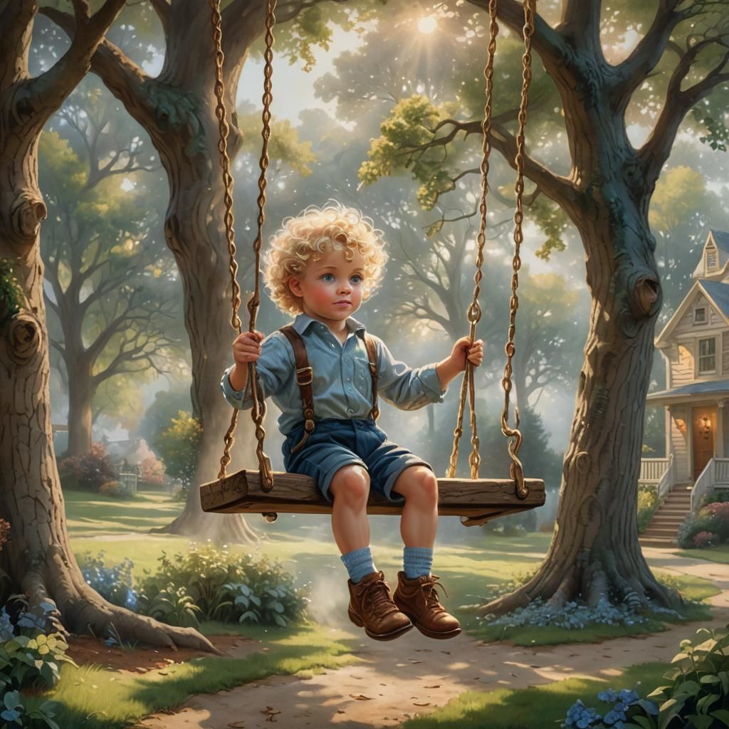Toddler on Swing in Ethereal Fantasy Backyard