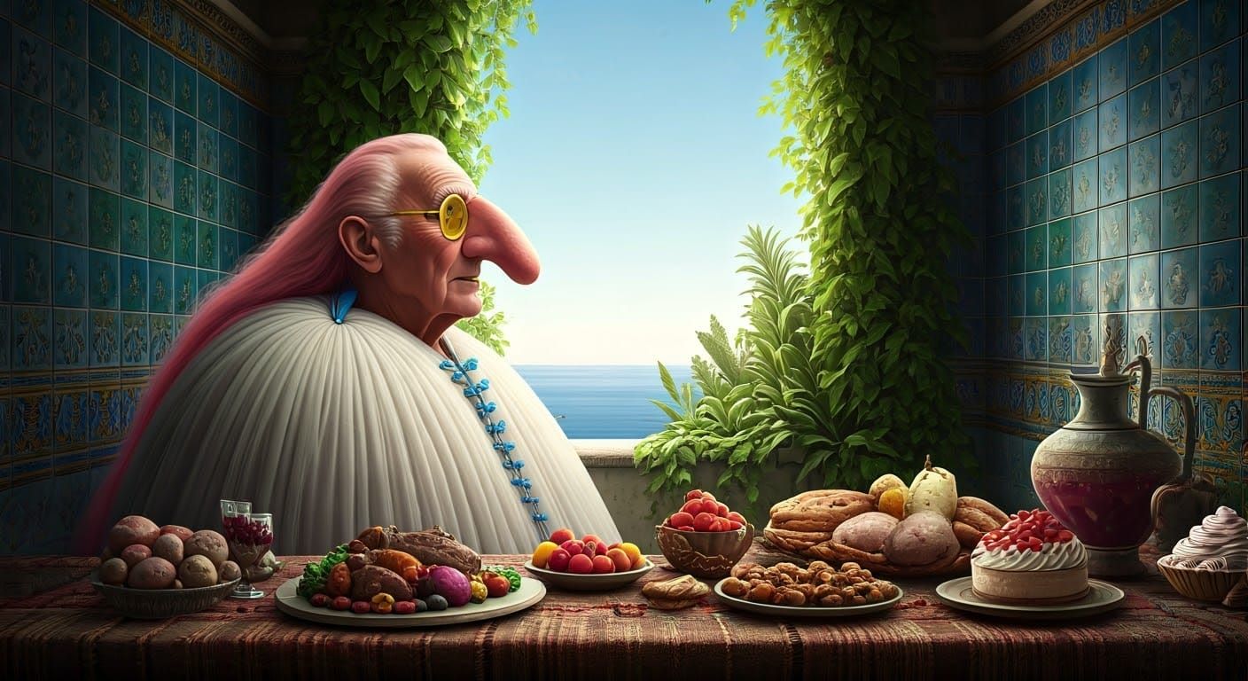 Surreal 70s Scene: Old Man in Ornate Bathroom