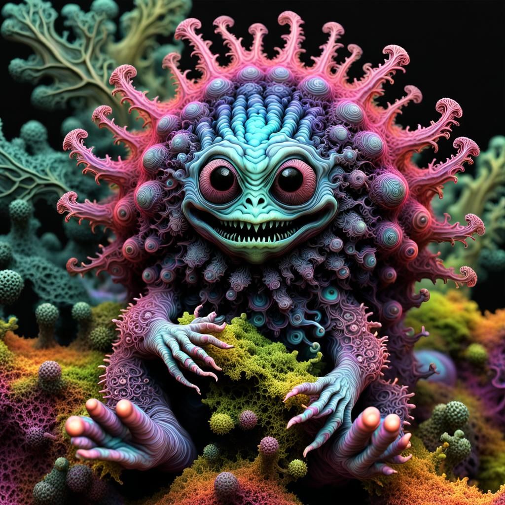 Intricate Baby Alien in a Rainbow Forest