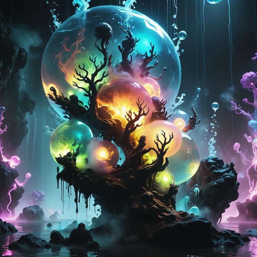 Liquid Water Elementals in Neon Ink Splatter Art