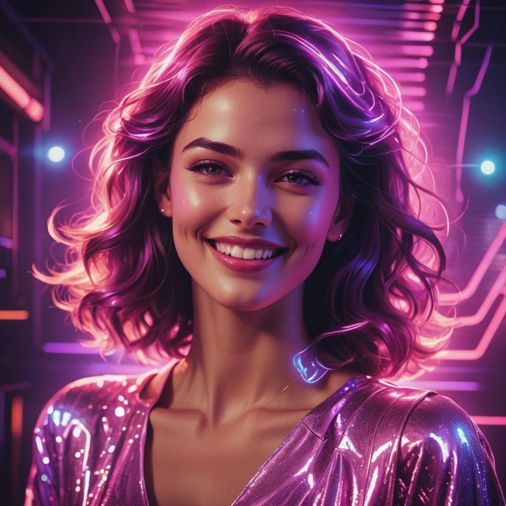 Beautiful Woman with Shimmering Aura in Synthwave Style