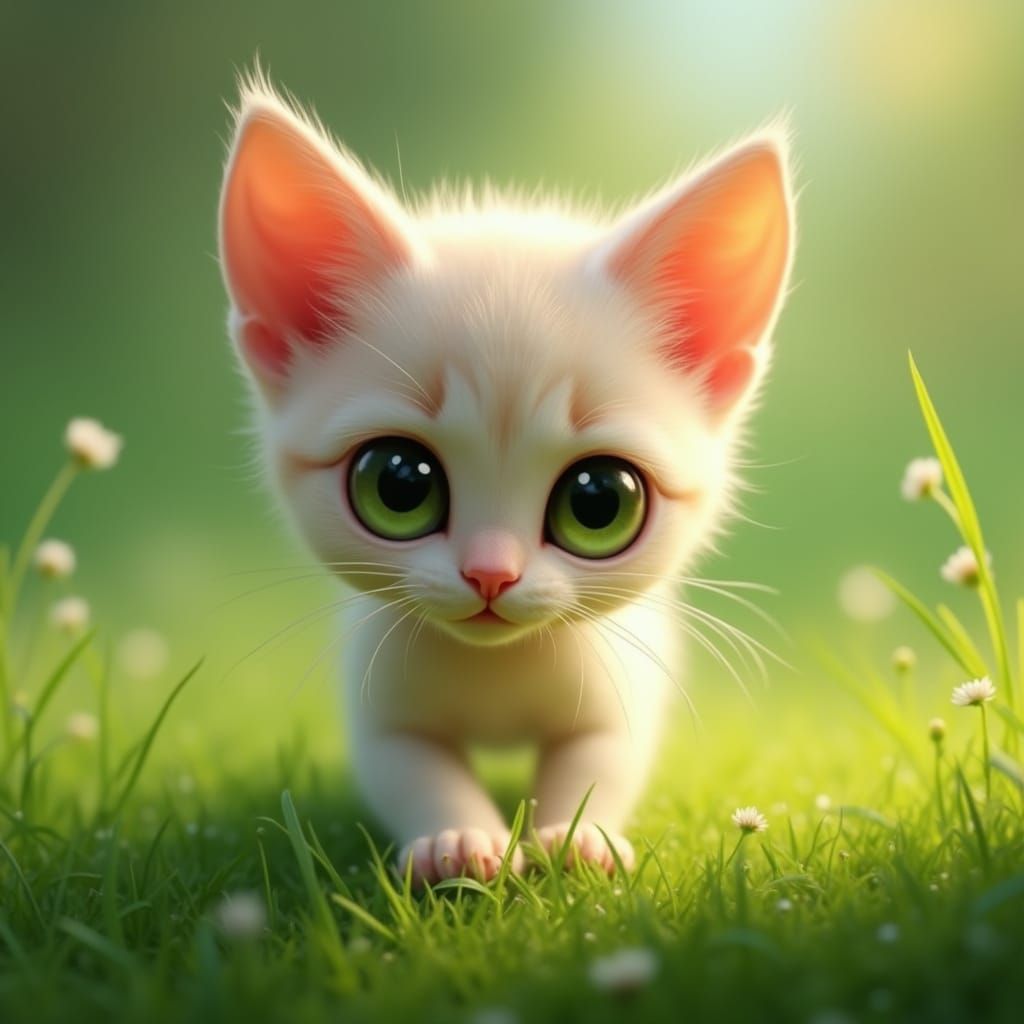 An outdoor green grass on a mound hill 

an highly detailed face of  an adorable, thin, animated, whimsical young kitten...