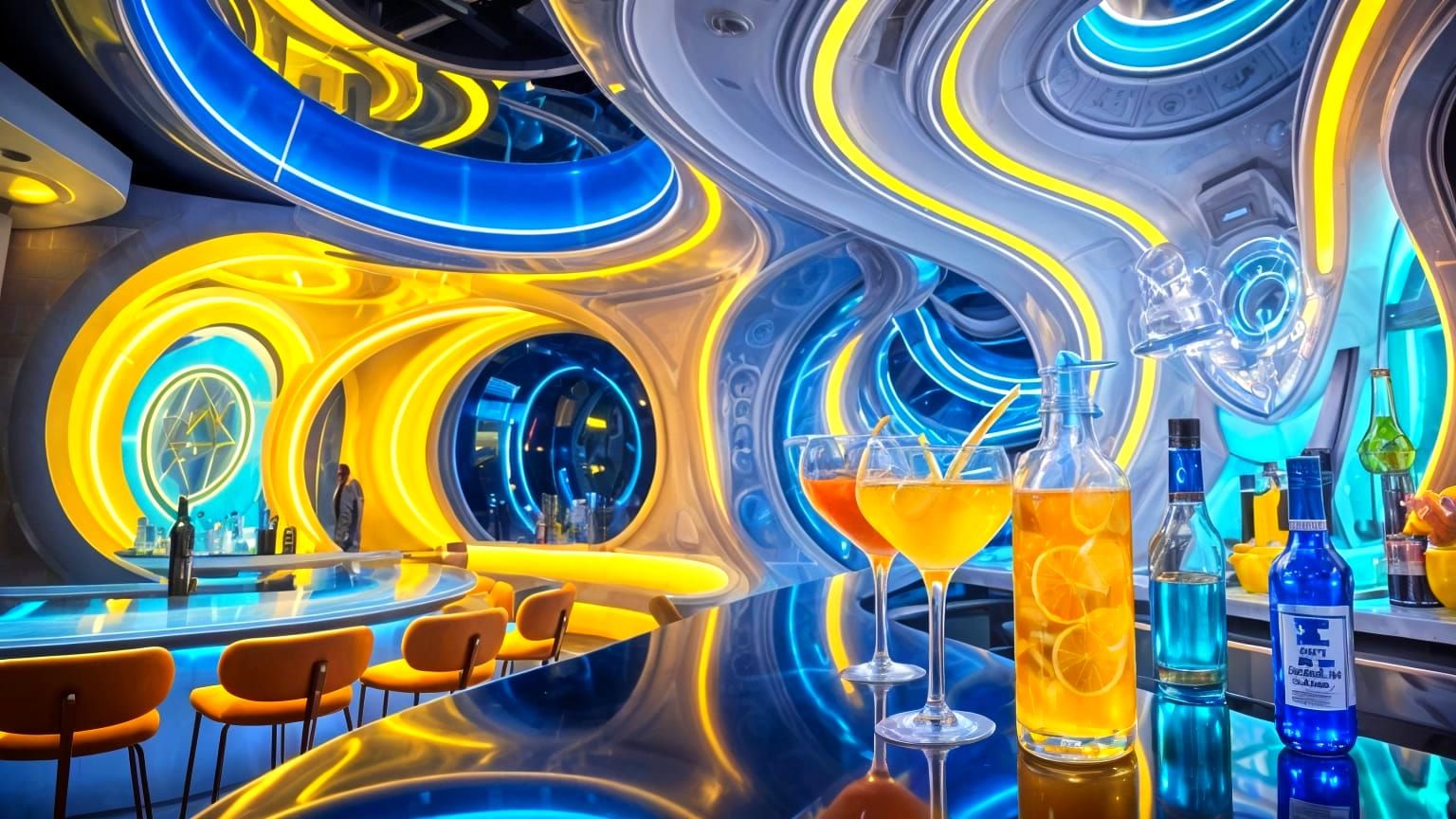 Futuristic Pop Art Bar Interior with Neon Cocktails
