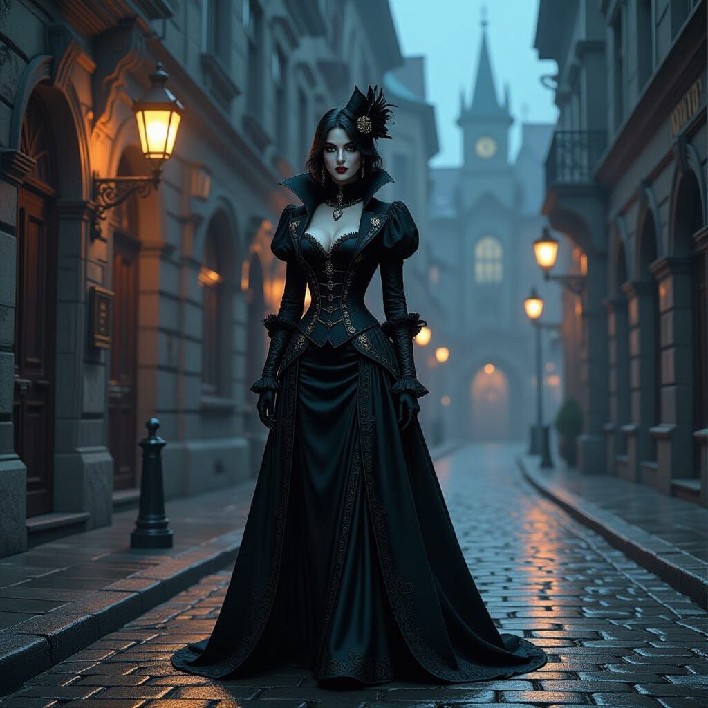Vampire Lady in Steampunk Cityscape